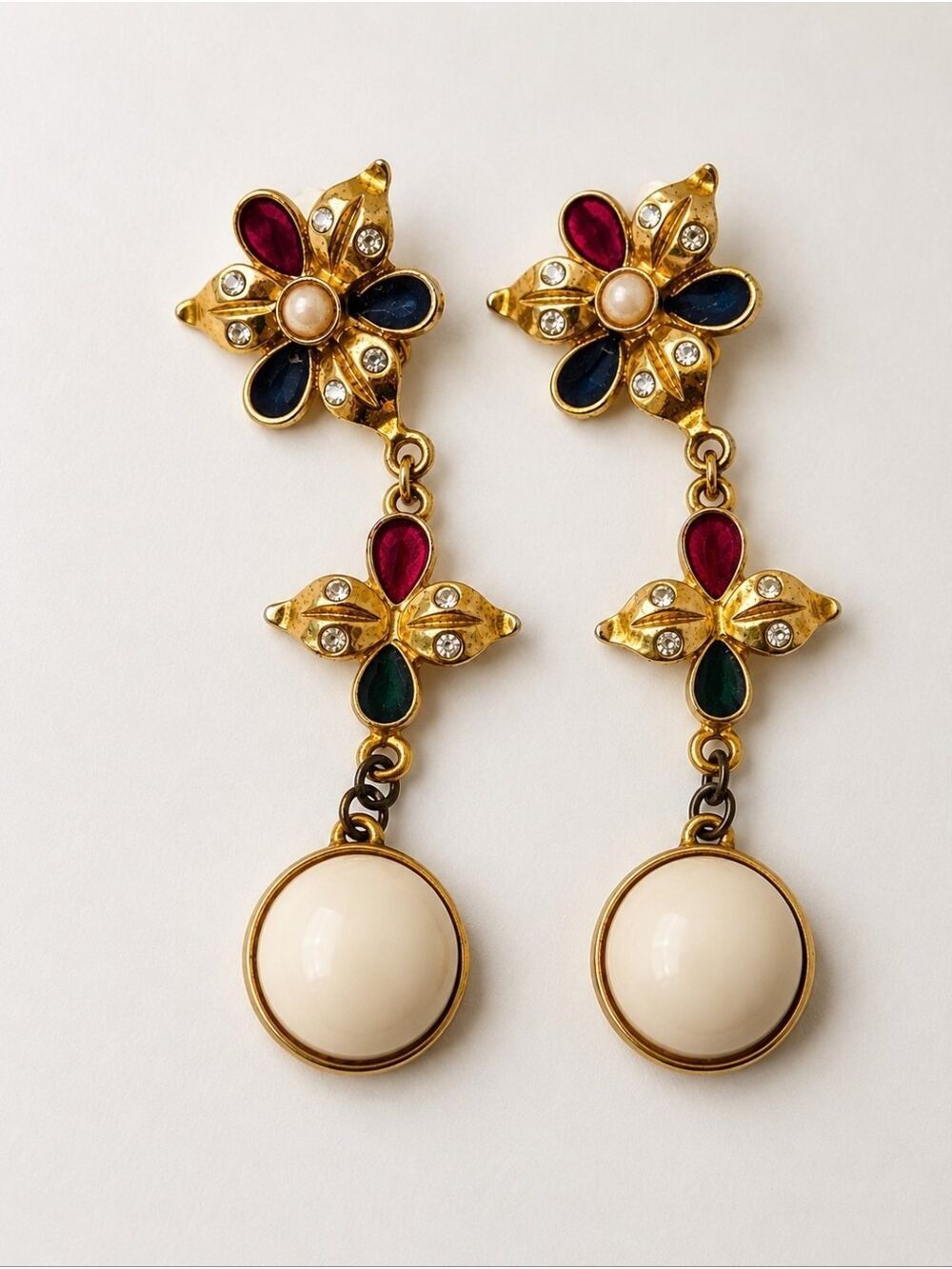 Vintage Floral Cabochon Drop Clip On Earrings Gold Tone